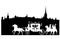 Medieval fairy tale carriage and knights in old city black vector silhouette