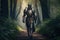 medieval fantasy story character in knight armor walking through woods