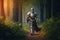 medieval fantasy story character in knight armor walking through woods