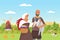 Medieval farmers and green farm field landscape, happy peasants family standing together