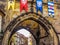 Medieval flags of Old Town bridge tower, Charles Bridge, Prague, Czech Republic