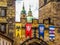 Medieval flags of Old Town bridge tower, Charles Bridge, Prague, Czech Republic