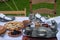 Medieval food table with biscuits and pewter