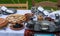 Medieval food table with biscuits and pewter tableware