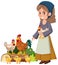 Medieval girl raising chickens on white background