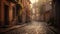 Medieval Gothic architecture illuminates old town narrow cobblestone footpath at twilight generated by AI