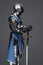 Medieval guard dressed in armor and blue surcoat holding a sword