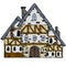 Medieval house. Village building. Old house with chimney. Cartoon retro illustration. European Small old town