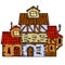 Medieval house. Village building. Old house with chimney. Cartoon retro illustration. European Small old town