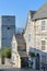 Medieval Houses with brickstone and flagstone roofs and the clocktower of St Mary`s Church in the background, Church Hill, Swanage