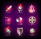 Medieval icons set, knight helmet, roman empire, legionnaires, tent, shield and weapons