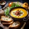 Medieval-inspired Pumpkin Soup With Bacon, Bread, And Berries