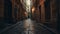 Medieval Italian city street illuminated by lanterns at dusk generated by AI