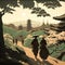 Medieval Japan, travelers walking on foot towards medieval japanese city, old capital with wooden temples, pagodas. AI generative