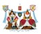 Medieval king and queen sitting on throne. Royal woman and man emperor in Middle Ages vector illustration. Historical
