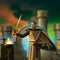 Medieval knight armed with sword and shield near a Castle, Sky and clouds, 3d illustration