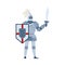 Medieval knight in armor and helmet with sword flat vector illustration isolated.