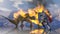 Medieval knight fights a fire-breathing dragon in the background of snowy mountains on a reflective surface of a frozen