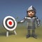 Medieval knight practises his archery with a target, 3d illustration