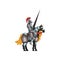Medieval knight riding horse holding striped lance. Royal warrior in shiny armor and helmet with red feather. Flat