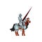 Medieval knight sitting on horse and holding lance in hand. Royal warrior in shiny armor. Flat vector design