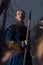 Medieval knight with sword in armor as style Game of Thrones in
