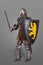 Medieval knight with Sword, Shield, Helmet against grey background