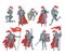 Medieval Knights Set, Chivalry Warrior Characters in Full Metal Body Armor with Weapon Cartoon Style Vector Illustration
