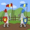 Medieval knits tournament, two amed knights jousting on summer landscape background vector Illustration