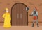 Medieval Life Scene with Man King from Middle Ages Wearing Crown Standing Near Castle Gate Vector Illustration