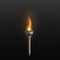 Medieval metal torch with burning fire isolated on black background