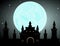 Medieval mystic vector castle with towers and gates on full moon starry background