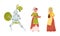 Medieval People with Armored Knight and Peasant Woman Vector Set