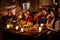 Medieval people eat and drink in ancient castle kitchen interior