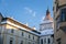 Medieval renaissance water castle with half-timbered tower with snow in winter sunny day, Historic Romantic chateau Blatna near