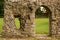 Medieval ruins of wall with arched doorway.