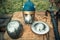 Medieval scene. Medieval knight attributes are helmet, chain mail, shield buckler, sword, halberd. Reconstruction of medieval life