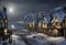 medieval seaside town in winter at night with ancient timber framed buildings covered in snow and a full moon with stars