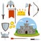 Medieval set of item. European castle with tower