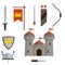 Medieval set of item. Historical subject. Cartoon flat illustration. Old armor and knight weapons