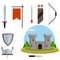 Medieval set of item. Historical subject. Cartoon flat illustration. Old armor and knight weapons