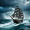 medieval ship is caught in storm in