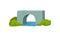 Medieval stone bridge, blue river and green bushes. Construction for transportation. Architecture theme. Flat vector
