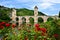 Medieval stone bridge at Cahors, France with red roses