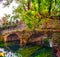 Medieval stone bridge in eden colourful garden vibrant with roses and river