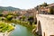 Medieval stone bridge over Fluvia river in Besalu