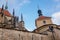 Medieval stone St. BartholomewÂ´s Church in Kolin, Gothic Cathedral and baroque building of Ossuary in autumn day, arched windows