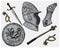 Medieval symbols, Helmet and gloves, shield with dragon and sword, knife and mace, spur vintage, engraved hand drawn