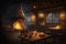 medieval tavern, with smoke from the hearth and lanterns lighting the room, surrounded by wooden furnishings