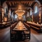 A medieval-themed dining hall with long wooden tables, tapestries, and candlelit chandeliers2